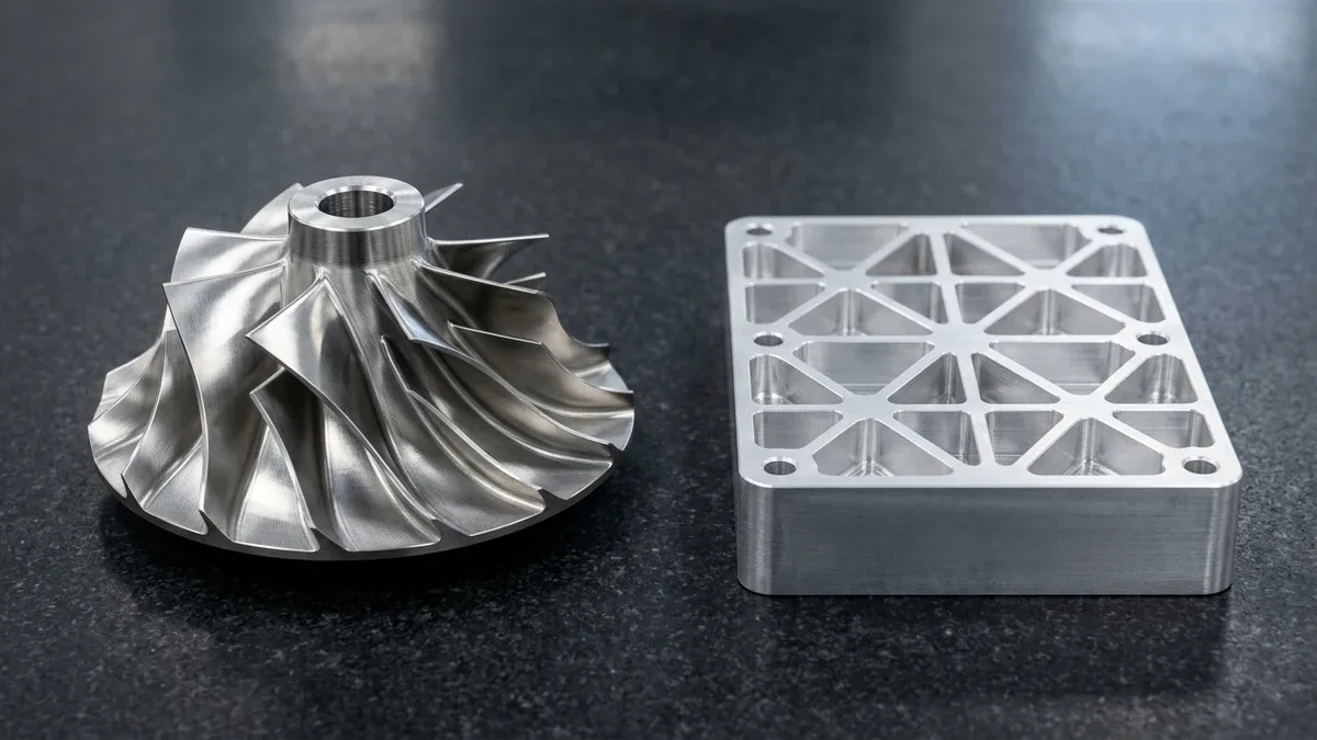 Ti-6Al-4V titanium aerospace centrifugal impeller on a 5-axis trunnion rotary table undergoing simultaneous semi-finish profiling with a slender shrink-fit tapered-neck solid carbide ball-nose end mill
