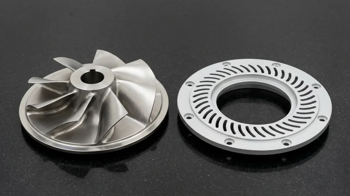 5-axis CNC milled Ti-6Al-4V titanium UAV mixed-flow compressor impeller rotor and 3-axis 4-axis milled 7075-T651 slotted stator ring
