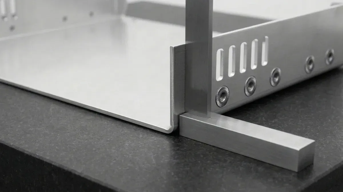 Precision 90-degree steel machinist square verifying perpendicularity of a press-brake bent 2.0mm 5052 aluminum enclosure wall