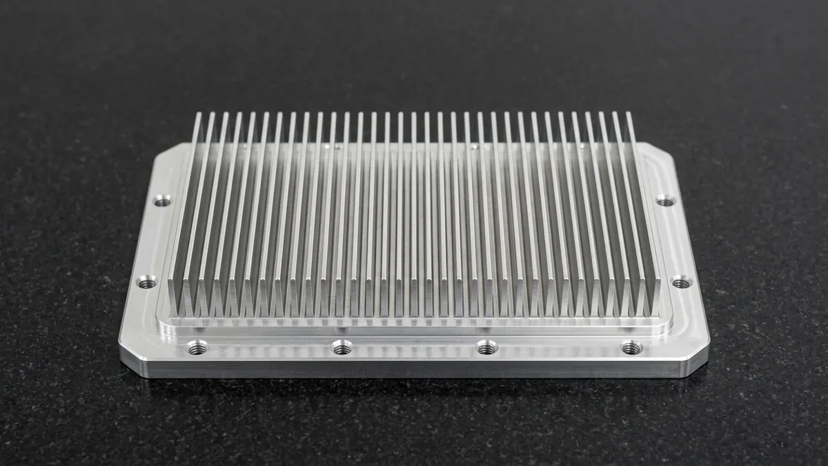 Monolithic CNC-machined 6061-T6 aluminum 5G base station heatsink housing showing dense open-ended cooling fins