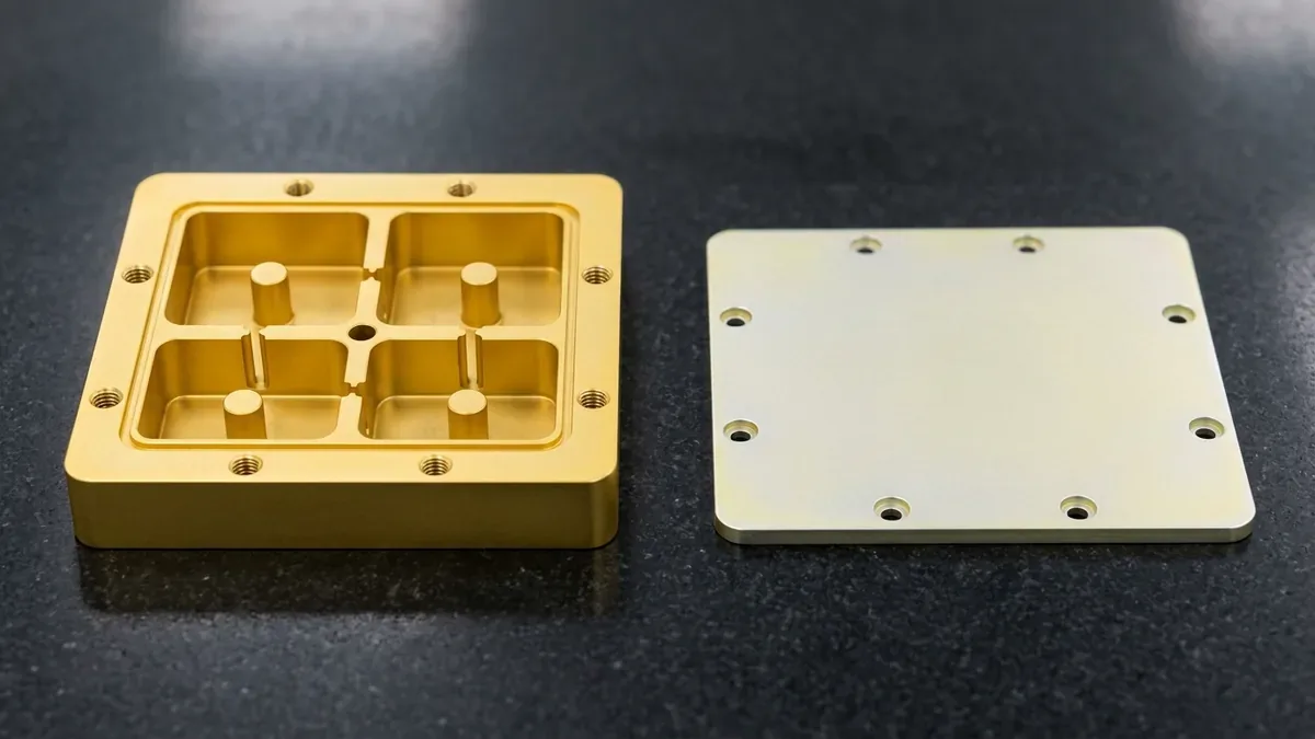 Gold-chromate 6061-T6 aluminum 5G RF waveguide cavity filter housing beside its mating conductive chromate cover plate