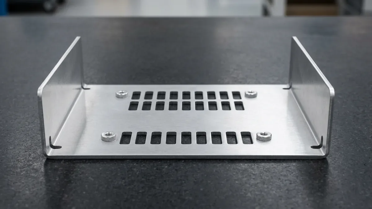 Laser-cut and bent 1.5mm 5052-H32 aluminum 5G telecom rack chassis tray with ventilation slots and clinch nuts