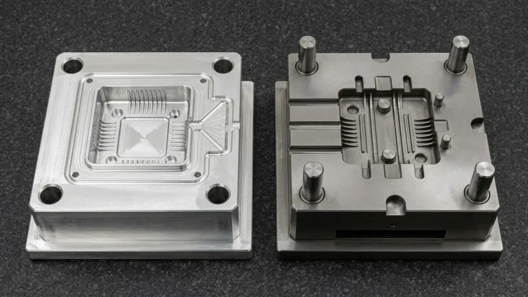 CNC-machined 7075-T651 aluminum rapid bridge-tooling mold cavity block beside hardened H13 steel production mold core