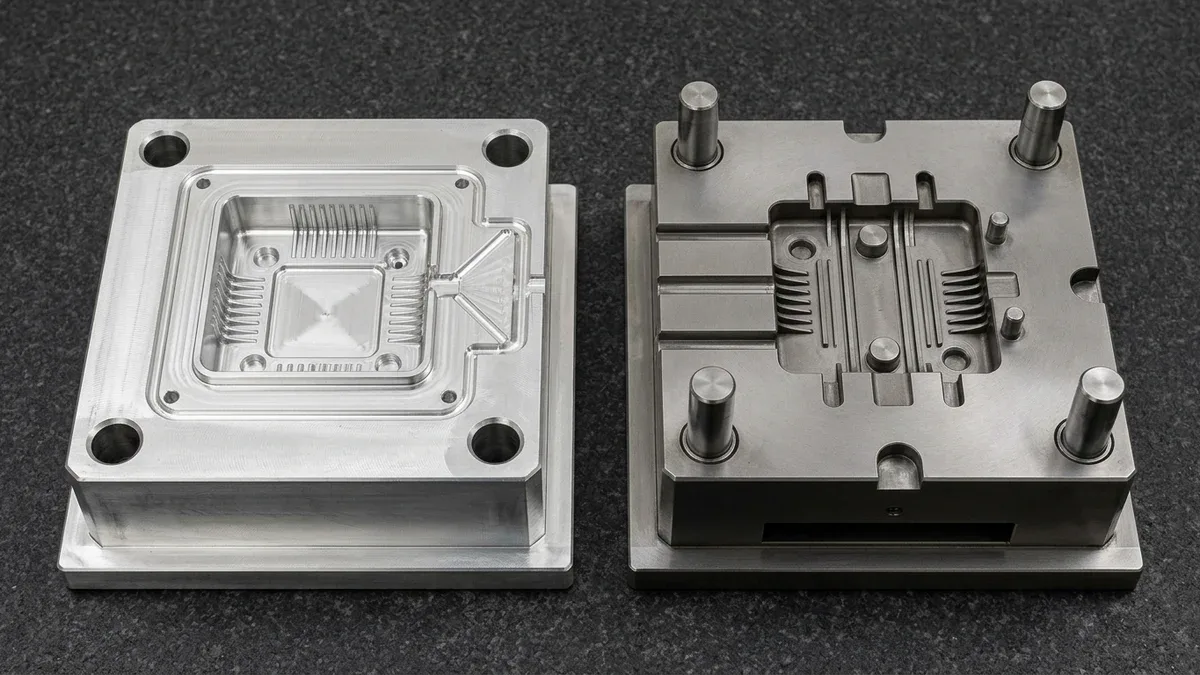 CNC-machined 7075-T651 aluminum rapid bridge-tooling mold cavity block beside hardened H13 steel production mold core