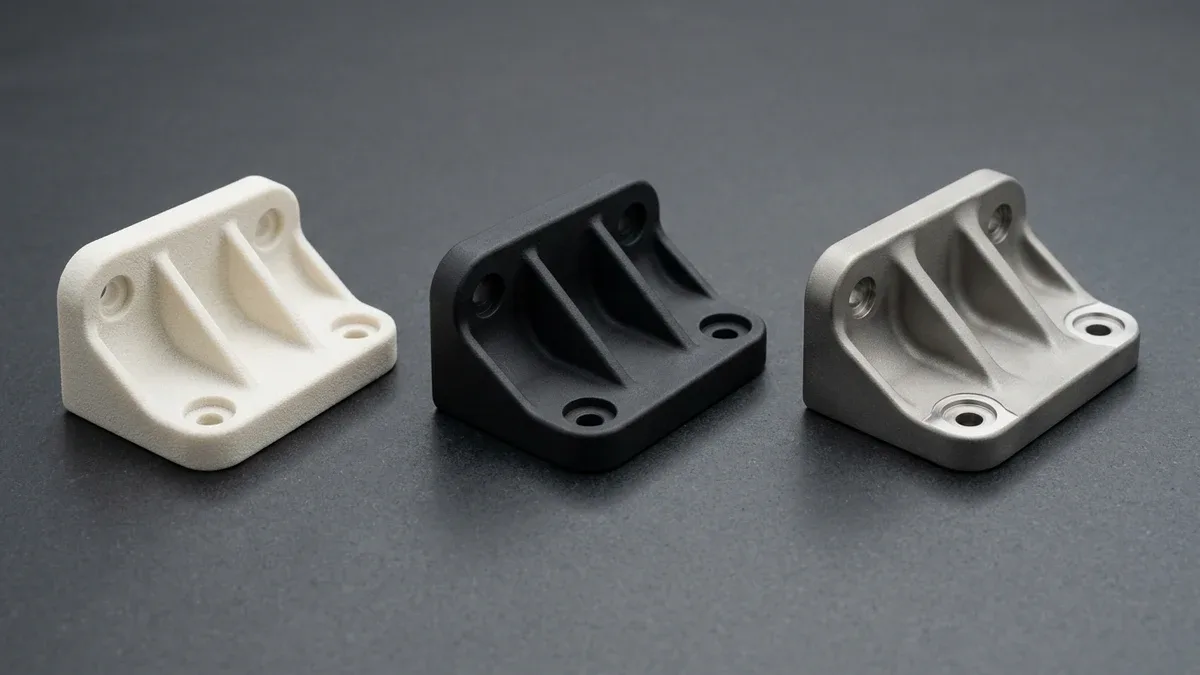 Four additive-manufactured sample plaques on black granite comparing raw as-sintered off-white PA12 nylon, bead-blasted matte-grey polymer, vapor-smoothed glossy black PA12, and DMLS titanium with CNC fly-cut step