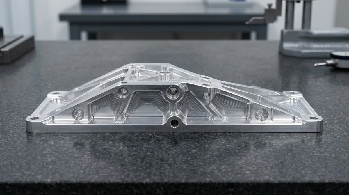Precision CNC machined aerospace structural bracket in 7075-T6 aluminum lying flat on wide planar base on granite plate