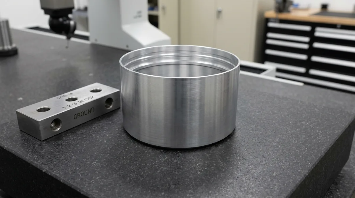 Aerospace 6061-T6 aluminum thin-wall turned sensor sleeve with 0.75 mm wall thickness resting flat on granite