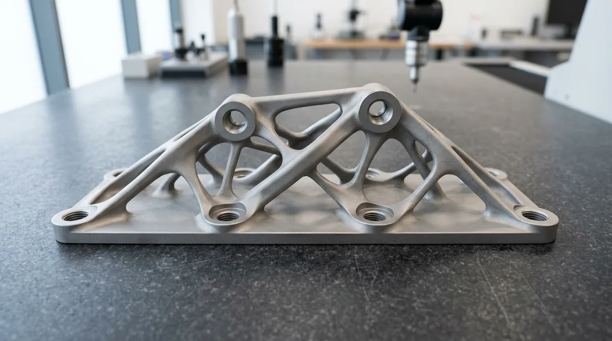 AI generative design topology optimized titanium bracket resting flat on granite surface plate