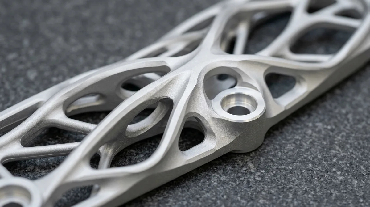 Macro photograph of an AI generative design topology optimized aluminum aerospace bracket on granite surface plate