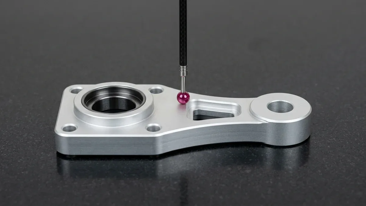 Clear anodized 6061-T6 aluminum twin-bore bearing carrier link plate undergoing bridge CMM ruby probe datum inspection