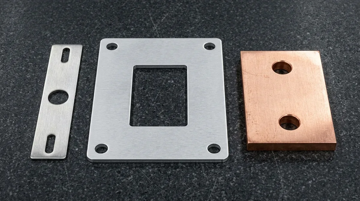Precision fiber laser cut 1.2mm 304 stainless steel bracket, 2.0mm 5052 aluminum plate, and 5.0mm C11000 copper busbar