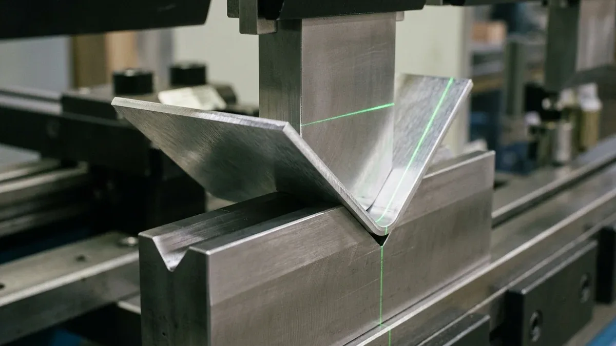 CNC press brake punch and V-die bending 5052 aluminum enclosure with dynamic optical laser bend angle sensor