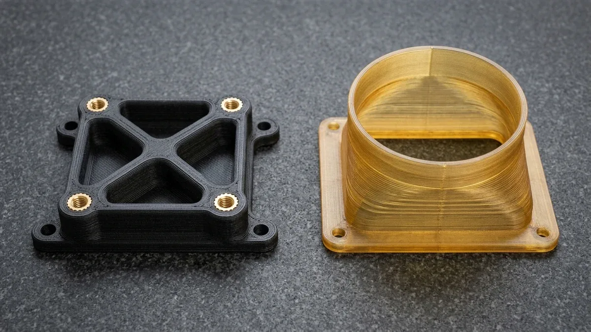 Carbon-fiber-reinforced PA-CF nylon ribbed mounting bracket with flush brass threaded inserts beside an amber ULTEM 9085 air duct transition on black granite