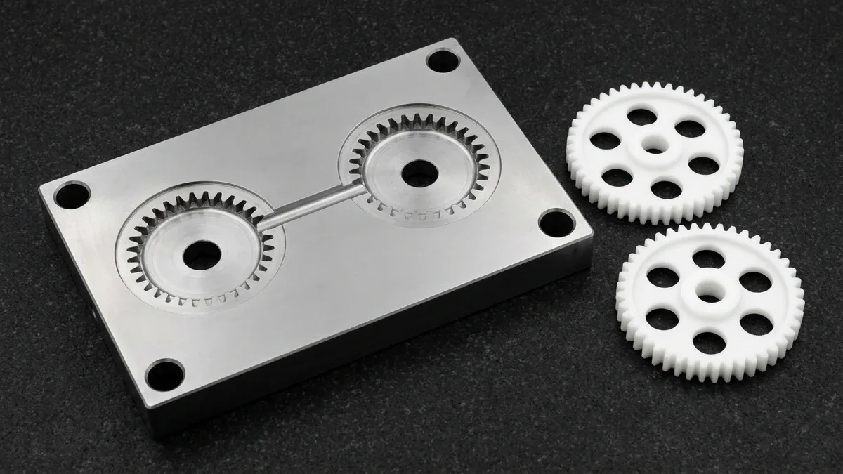 Automated injection molding cell with Cartesian robot demolding precision POM gears from multi-cavity mold