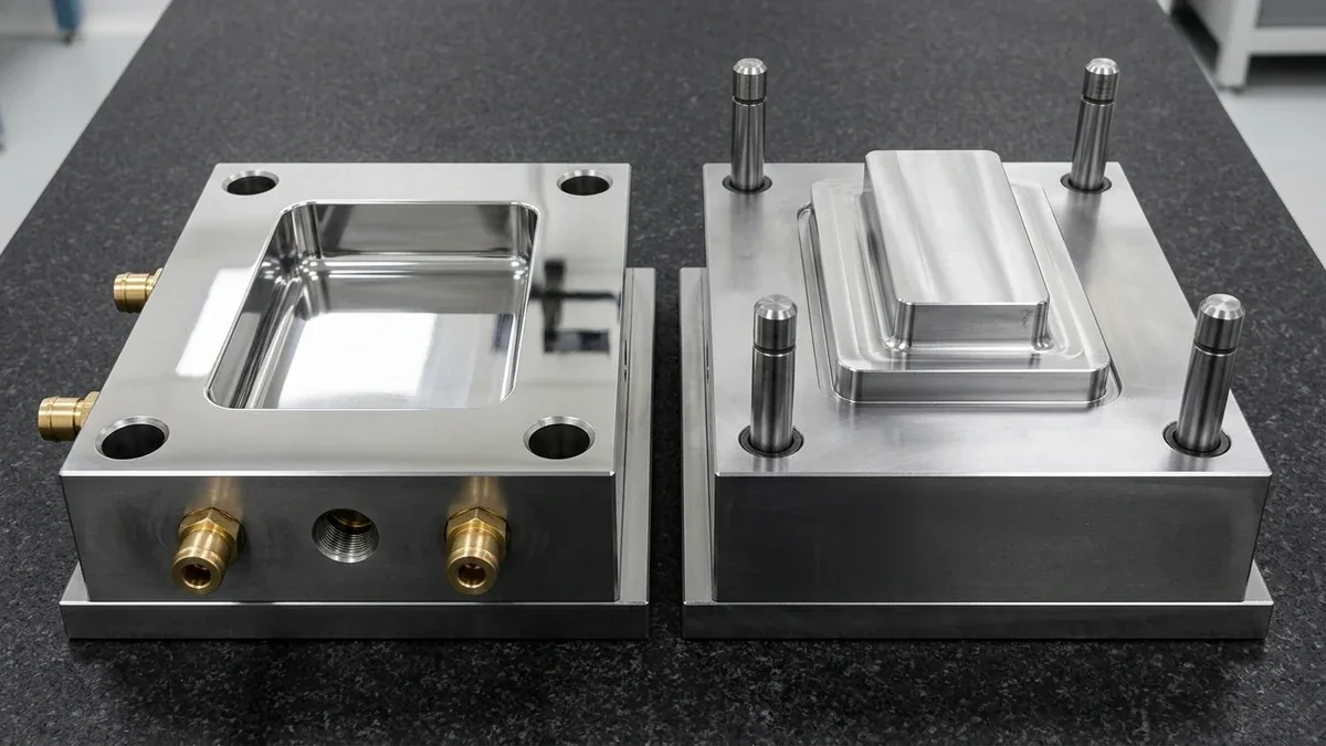 High-precision tool steel injection mold core and cavity halves with guide pins and bronze bushings