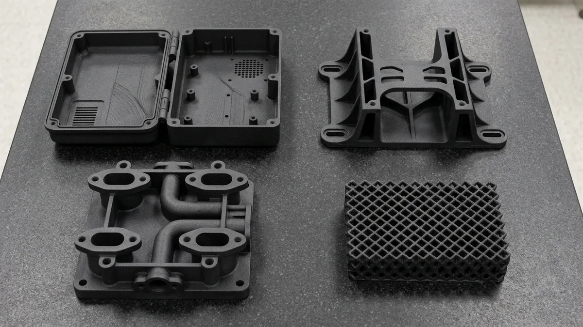 Four dyed matte-black HP Multi Jet Fusion parts on black granite: living-hinge clamshell enclosure, ribbed bracket, four-port manifold, and TPU lattice pad