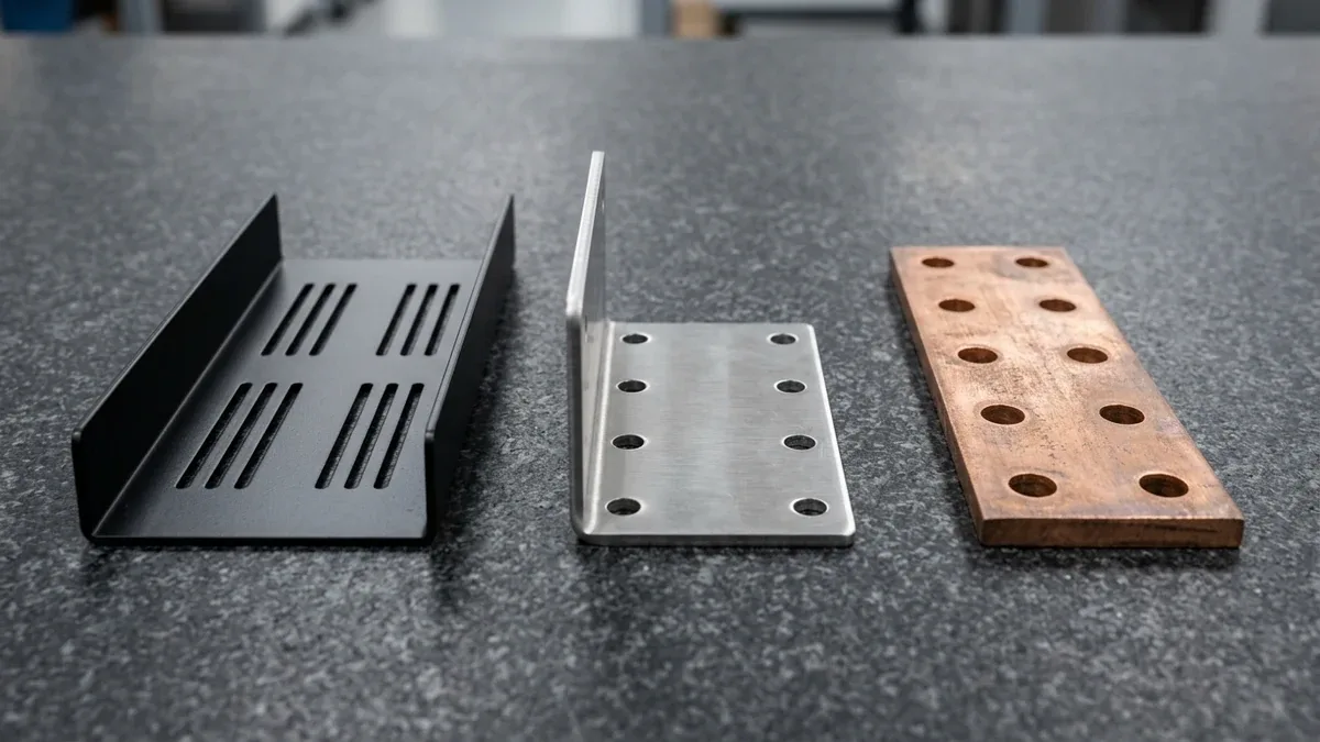 Custom powder coated sheet metal enclosure and bracket with installed PEM standoffs on electronic assembly workbench