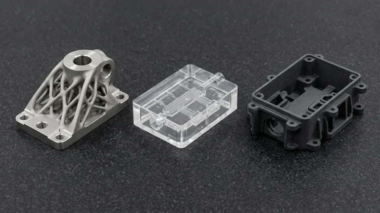 Industrial 3D printing showcase featuring DMLS titanium topological bracket, clear SLA resin enclosure, and functional SLS nylon mechanical assembly