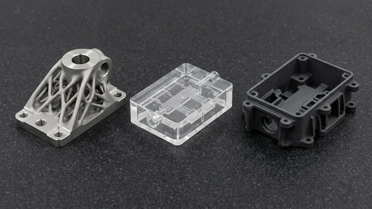 Industrial 3D printing showcase featuring DMLS titanium topological bracket, clear SLA resin enclosure, and functional SLS nylon mechanical assembly