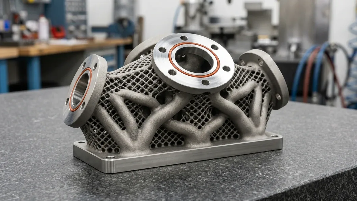 Metal 3D printed DMLS titanium aerospace hydraulic manifold with internal fluid channels and CNC-machined mating flanges