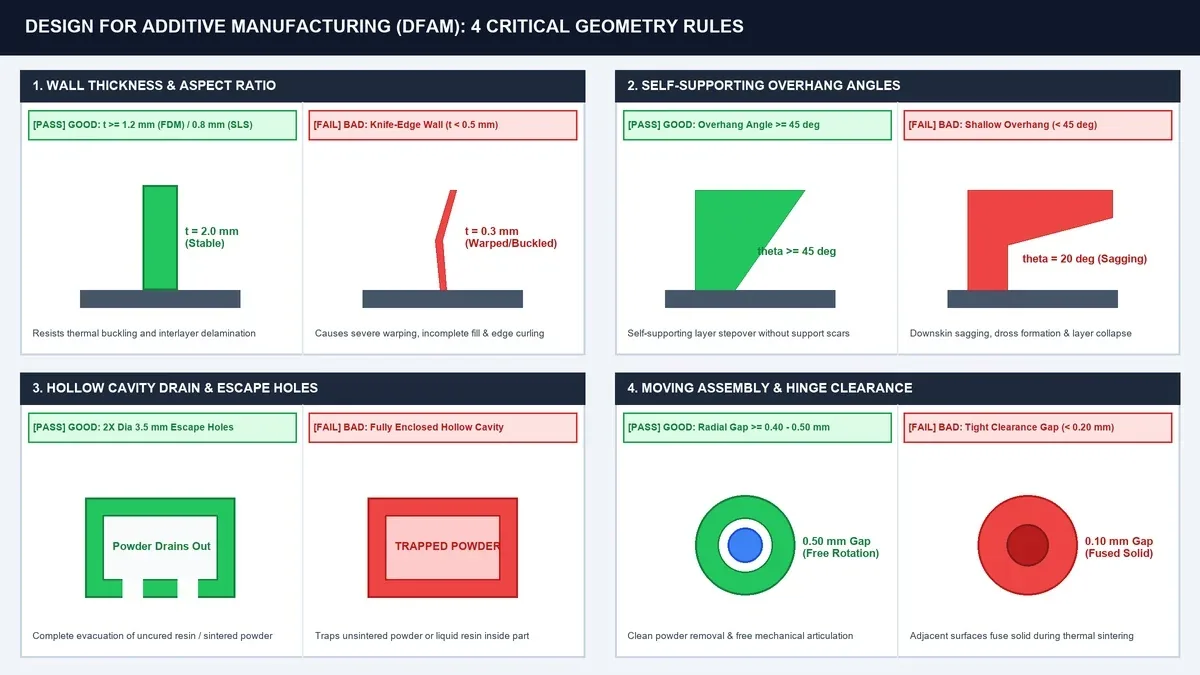CAD engineering diagram illustrating 3D printing design guidelines for wall thickness, overhang angles, drain holes, and clearance gaps