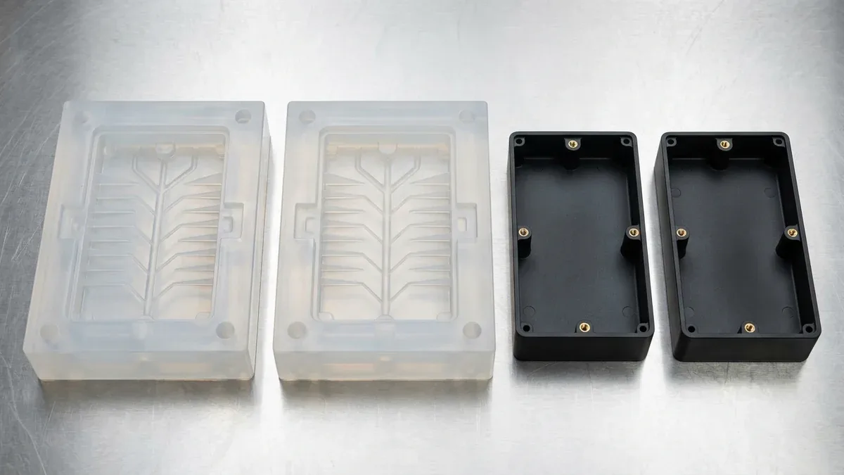 Flexible RTV Silicone Mold Opened to Demold Polyurethane Enclosure Prototype