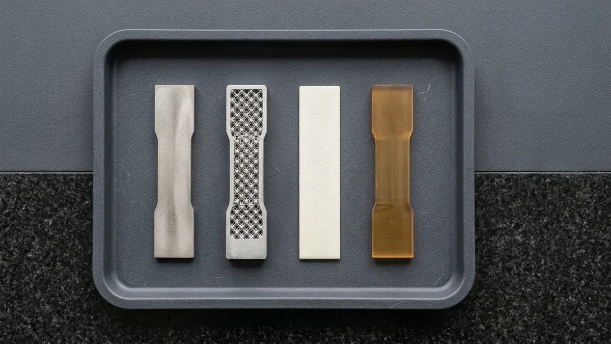 Industrial 3D printing material test coupons including DMLS titanium AlSi10Mg aluminum SLS nylon and SLA resin flat on ESD tray