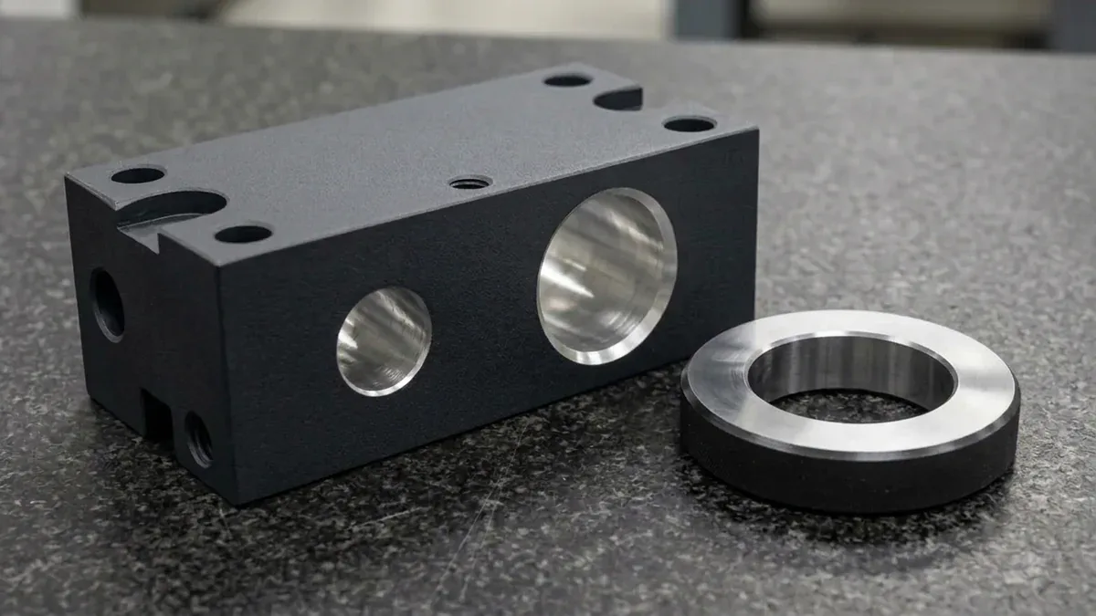 Rectangular CNC machined 6061-T6 aluminum manifold block in Type III hardcoat dark grey finish resting flat on granite plate with unanodized bare metal masked cylindrical bores and depth micrometer