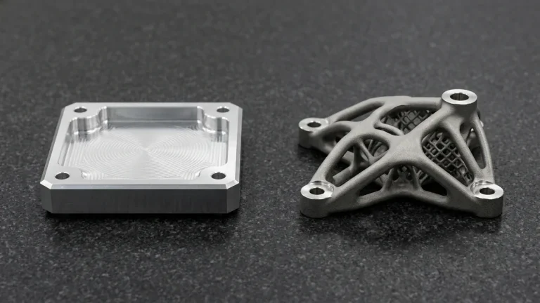 3-axis CNC-machined 6061-T6 aluminum pocketed housing beside a DMLS Ti-6Al-4V topology-optimized bracket on black granite