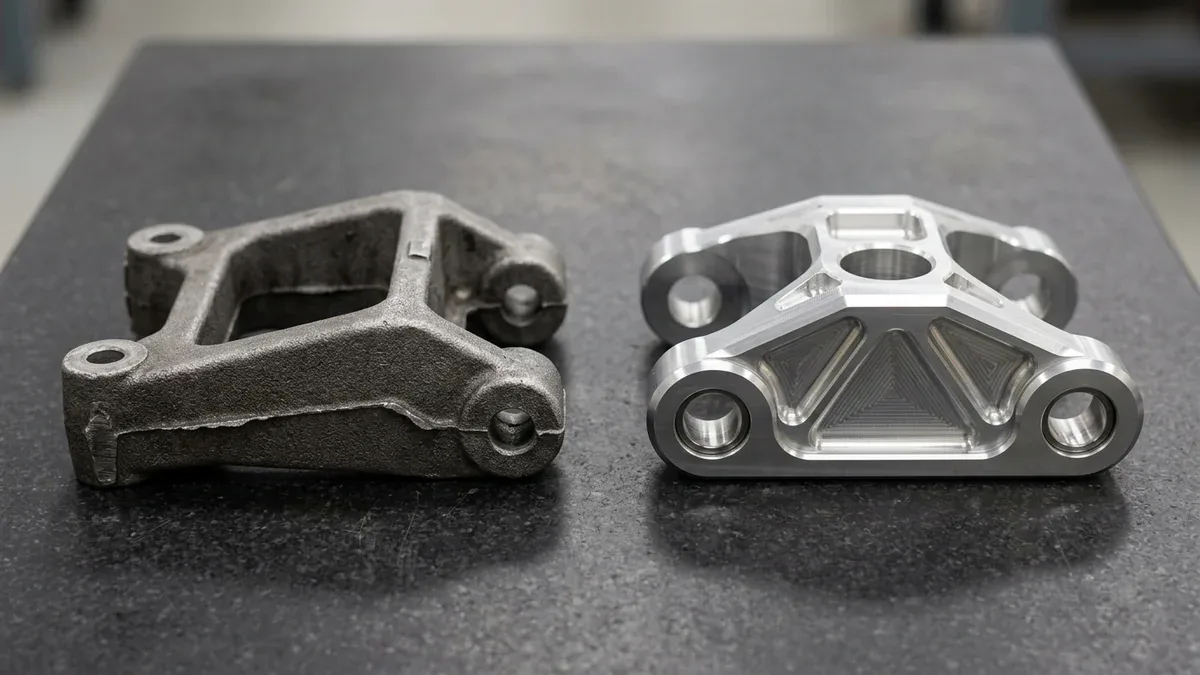 Engineering Comparison Between Cast OEM Motorcycle Bracket and 5-Axis CNC Machined Billet Aluminum Structural Knuckle