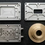 Precision custom CNC machined parts in aluminum, stainless steel, and brass resting flat on a granite inspection plate