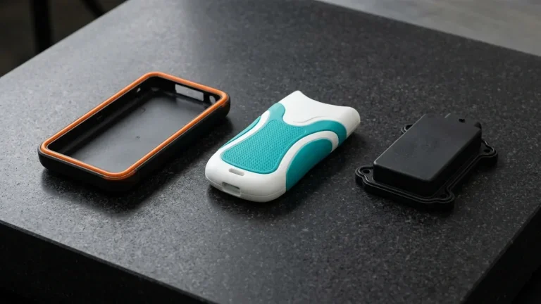 Precision dual-material overmolded components including medical instrument handle, rugged electronics housing, and automotive sealing enclosure resting on a granite metrology surface