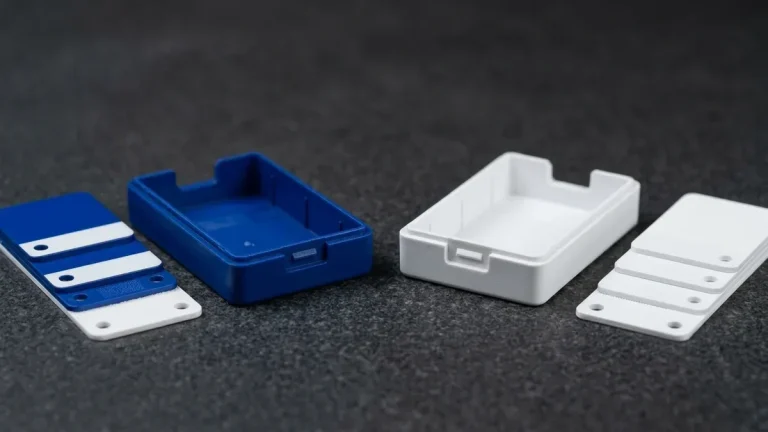 Precision injection molded ABS enclosures in cobalt blue and arctic white aligned with Pantone plastic stepped color reference plaques on granite table