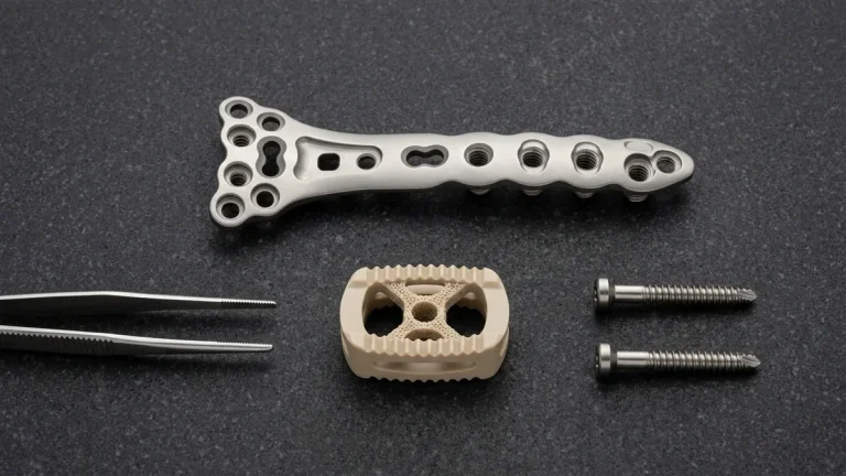 Precision CNC machined biocompatible medical device prototype components including titanium bone plate, PEEK spinal cage, and Swiss-turned screws lying flat on dark granite surface plate