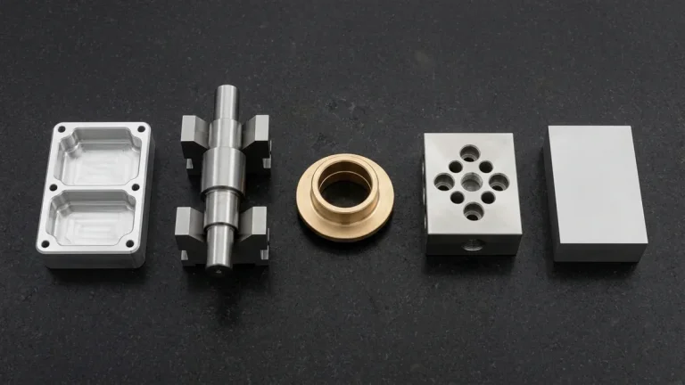 Precision CNC machined aluminum plate, stepped steel shaft on V-blocks, bronze bushing and cross-drilled block resting on black granite metrology plate
