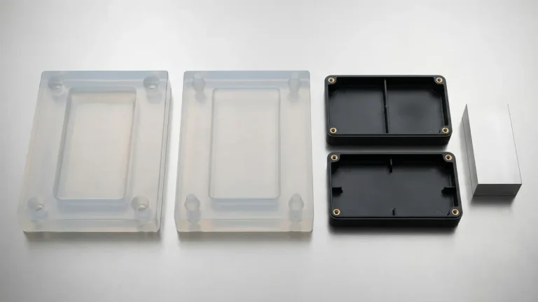 Polyurethane Vacuum Casting: Split RTV Silicone Rubber Mold Revealing Freshly Cured Rigid Polyurethane Device Enclosure Prototype
