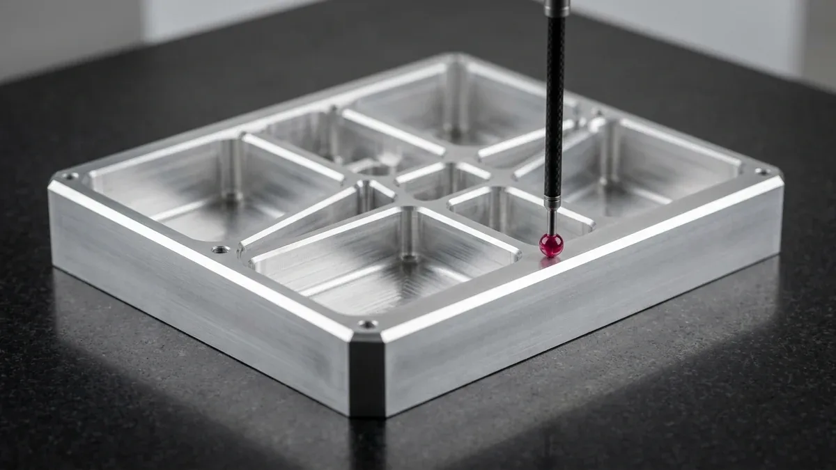 CMM Metrology Touch Probe Inspecting Critical Resonant Pocket Dimensions on Precision Milled 5G RF Cavity Filter