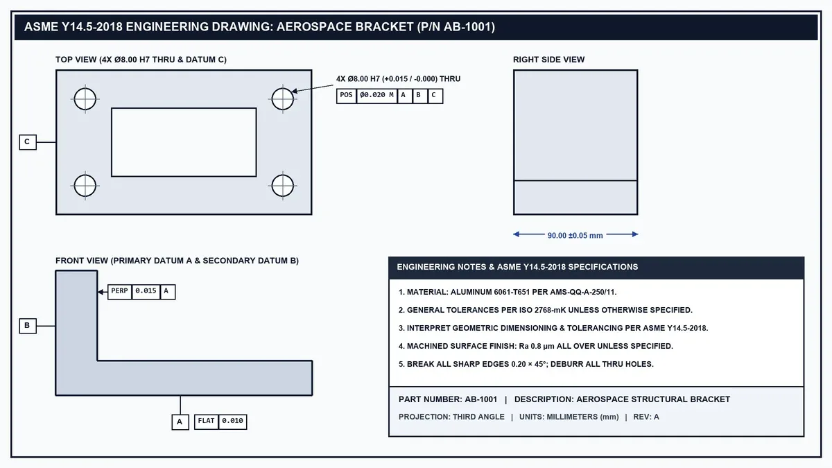 2D technical engineering blueprint with GD&T datums and feature control frames next to CNC machined aluminum prototype aerospace bracket