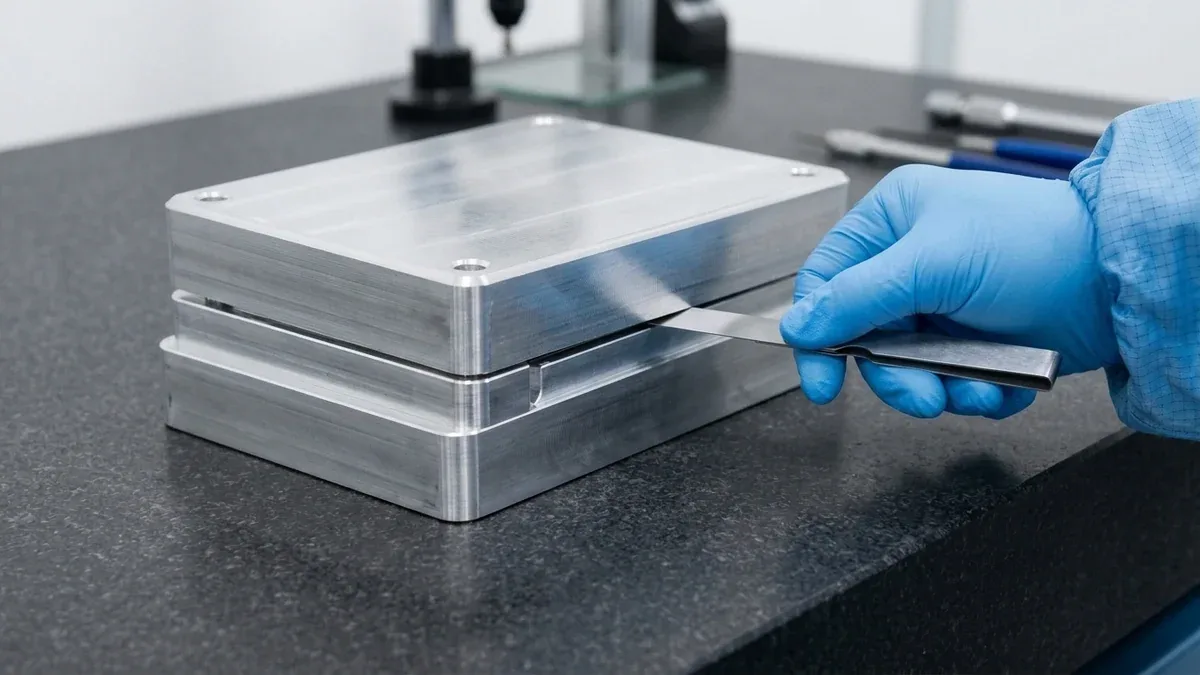 Inspector using precision feeler gauge to verify 0.15mm split-line gap and tolerance stackup on dowel-aligned CNC prototype assembly