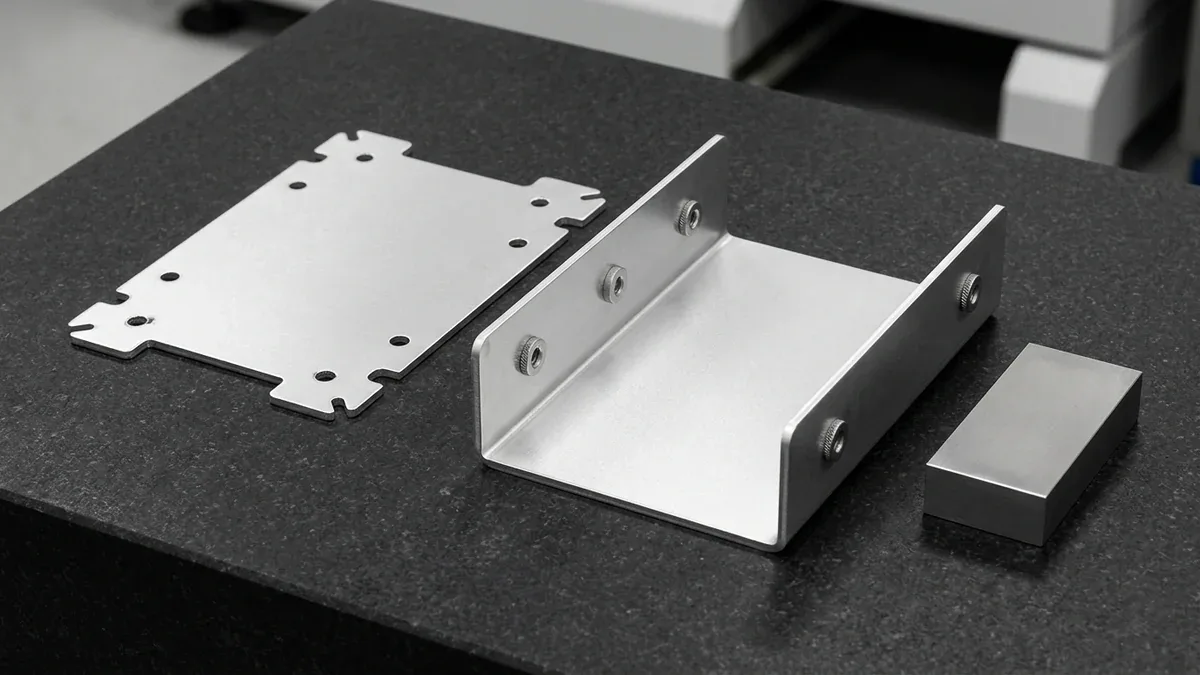 2D laser cut sheet metal flat blank layout with bend reliefs alongside 3D CNC formed aluminum chassis on granite table