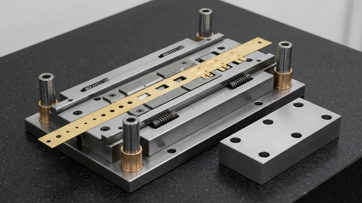 Sheet Metal Stamping: Multi-Station Progressive Die Tooling Set with Hardened Punches and Stripper Plate