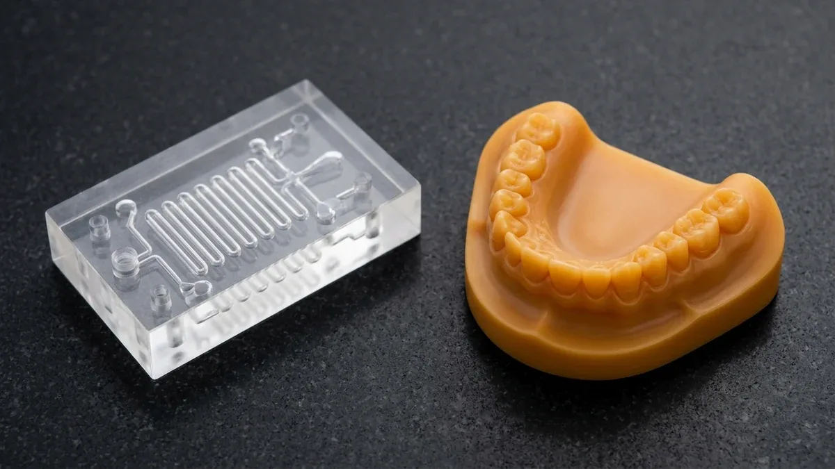 High-resolution SLA 3D-printed optical-clear microfluidic manifold beside a smooth matte-grey SLA photopolymer electronics housing on black granite
