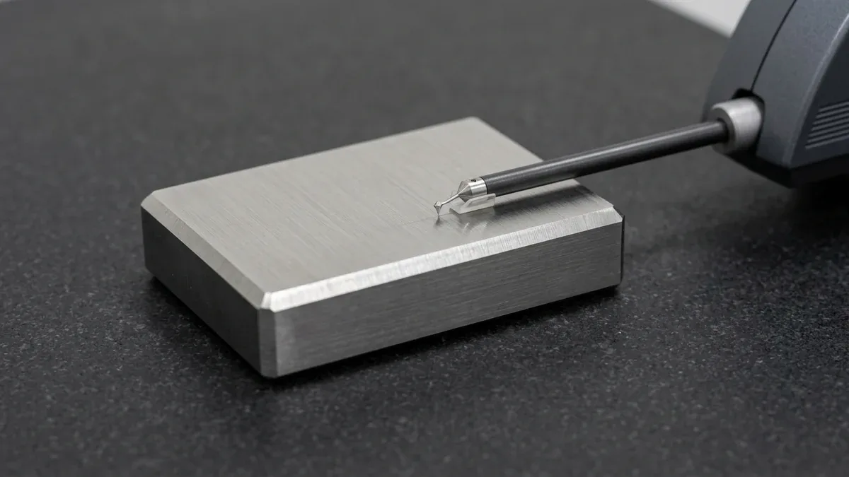 Calibrated tactile stylus profilometer probe measuring a precision surface roughness comparator reference specimen