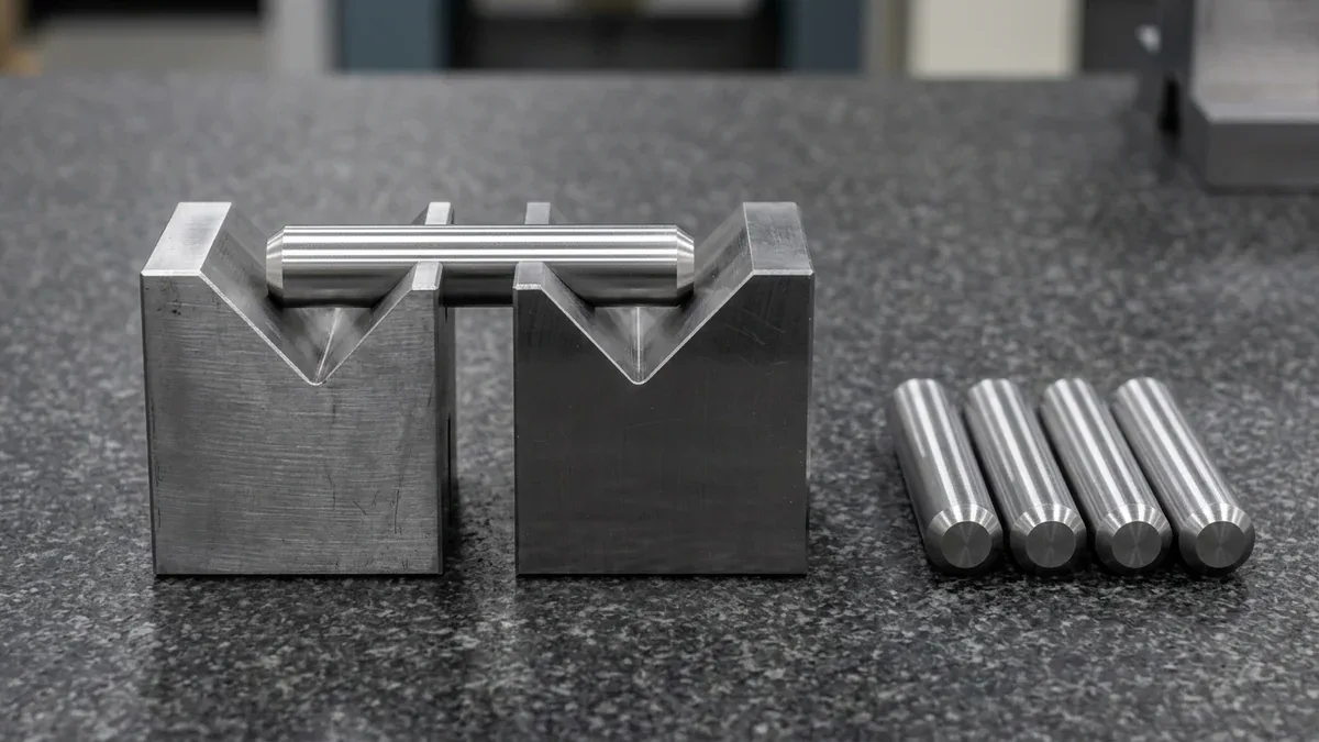 Digital outside micrometer measuring outside diameter of precision ground hardened steel dowel pins on granite plate