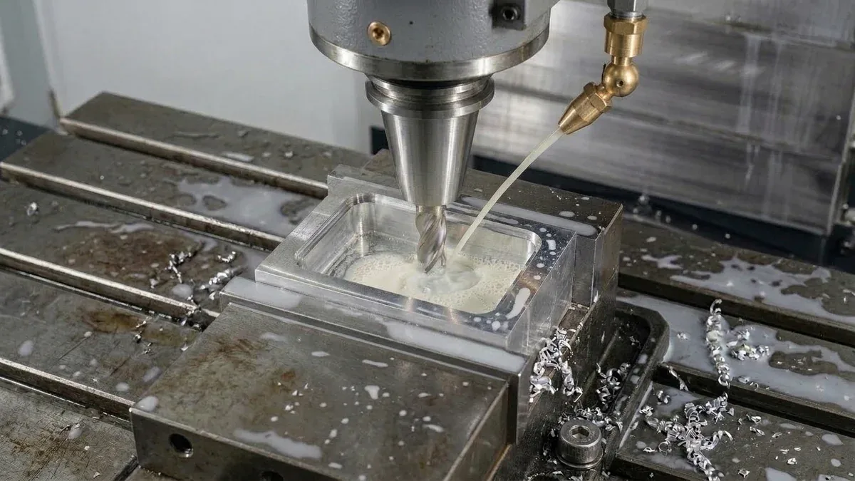 High speed CNC milling machine finishing injection mold cavity in steel block with ball end mill and flood coolant