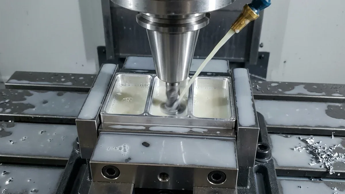 High-Pressure Coolant Jets Directed at Cutting Zone During Titanium Ti-6Al-4V CNC Milling