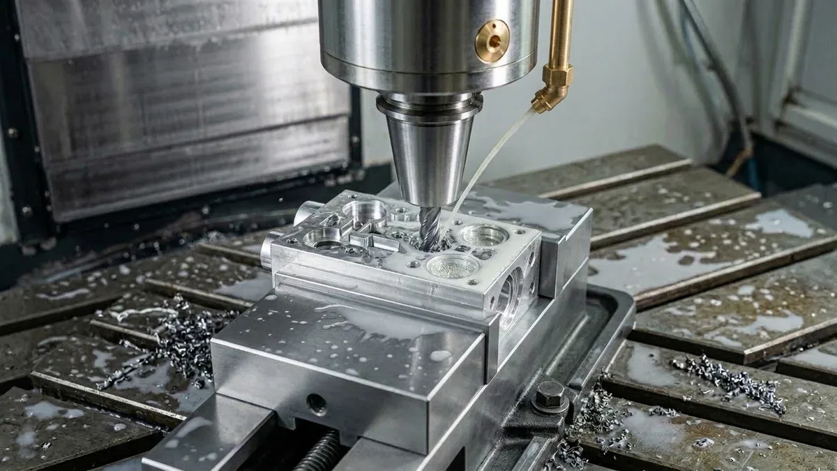 Precision CNC milling spindle driving a solid carbide chucking reamer into pre-drilled bore under high-pressure coolant wash