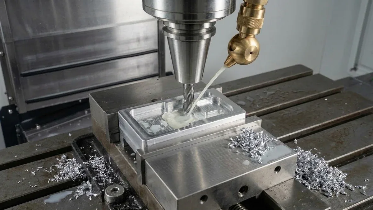 5-axis CNC machining setup utilizing custom contoured aluminum soft jaws and slender solid carbide finishing end mill on rotary trunnion table