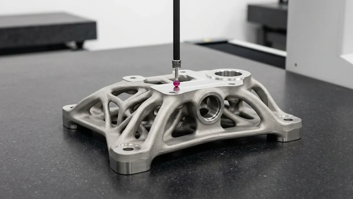Tactile bridge CMM ruby ball probe verifying the flat CNC post-machined datum pad of a DMLS metal topology-optimized automotive suspension bracket on black granite