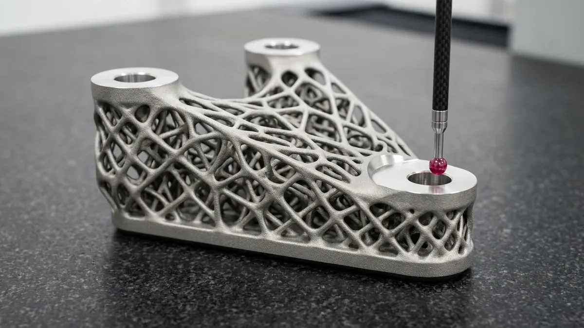 Tactile bridge CMM ruby ball probe verifying the CNC post-machined annular datum boss of a DMLS titanium lattice bracket on a black granite surface plate